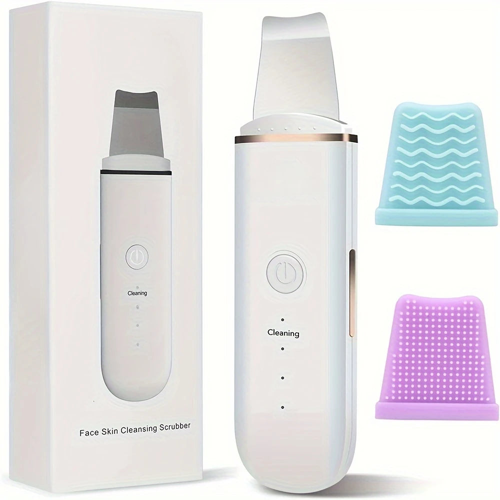 A white face skin cleansing scrubber device shown in its box and disassembled form with silicone cleaning heads.