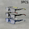 Tres pares de gafas deportivas para leer, anti-luz azul, mostrados sobre un fondo gris.