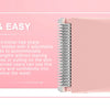 A pink hair trimmer with stainless steel blades and guards shown next to text describing its safe and easy use.