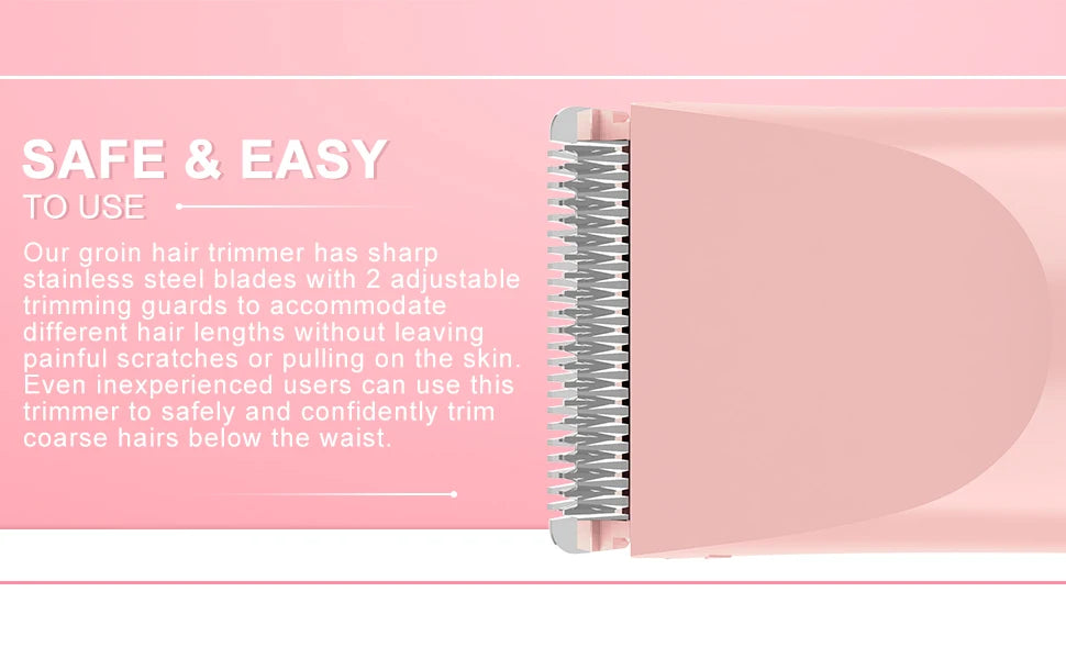 A pink hair trimmer with stainless steel blades and guards shown next to text describing its safe and easy use.