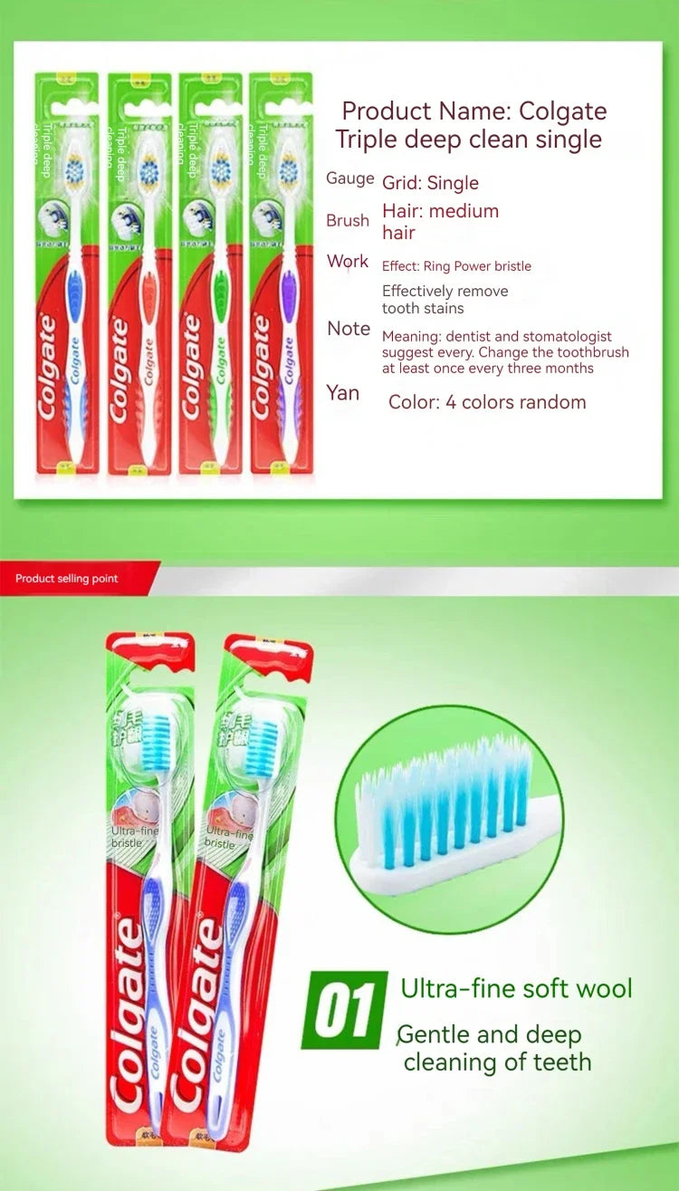 A set of four Colgate triple deep clean single toothbrushes in various colors and a separate image showing an ultra-fine soft