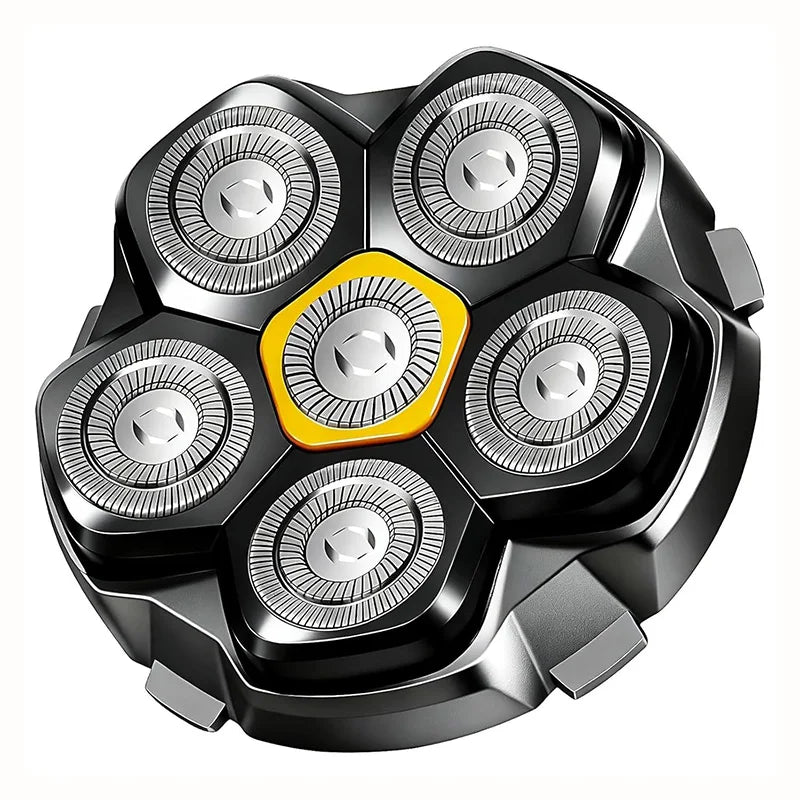 A close-up view of a magnetic replacement shaving head with multiple silver and black blades.