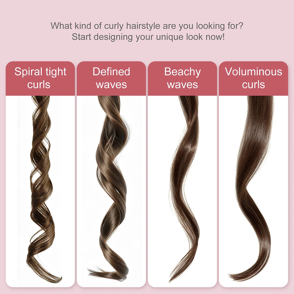 Four examples of curly hairstyles including spiral tight curls, defined waves, beachy waves, and voluminous curls.