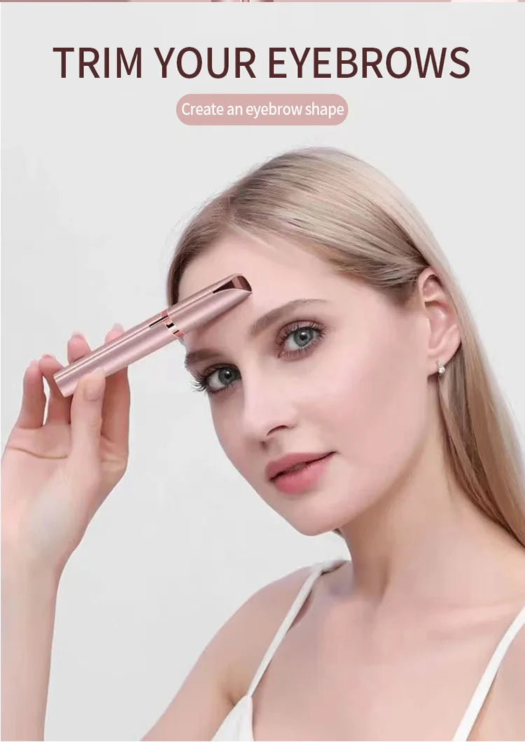 A woman is using a pink electric eyebrow trimmer to shape her eyebrows.