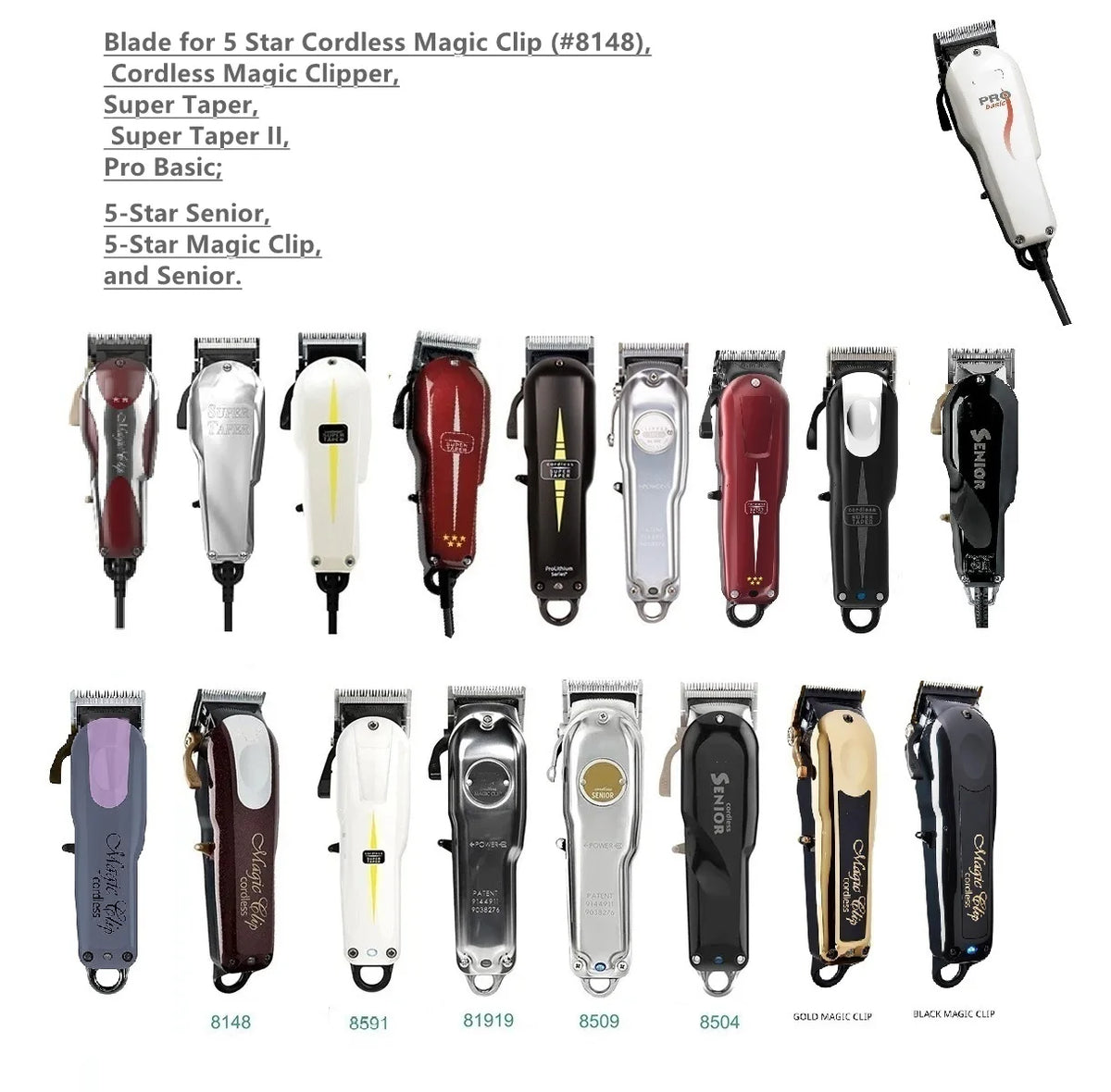 Set Ersatzrasiererklingen, einschließlich 5-Sterne Akku-Magic Clipper und weiterer Modelle.
