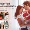 A couple is shown receiving a red gift box, with text suggesting it is a perfect gift for family and friends.