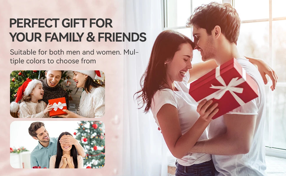 A couple is shown receiving a red gift box, with text suggesting it is a perfect gift for family and friends.