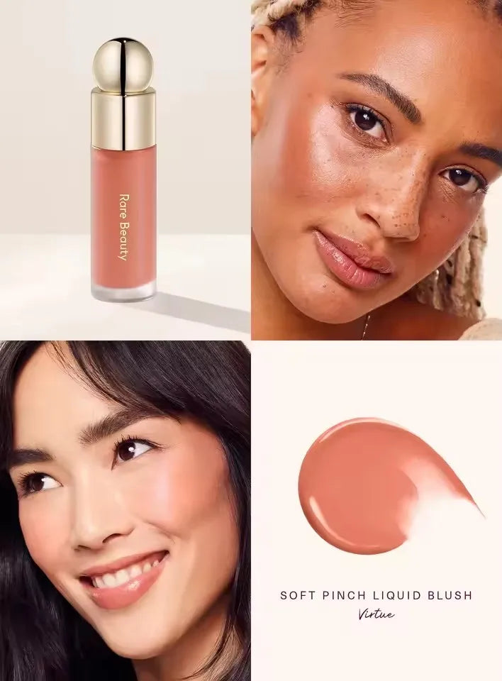 A cosmetic product featuring a gold tube of liquid blush and a woman applying the soft pink blush on her cheek.