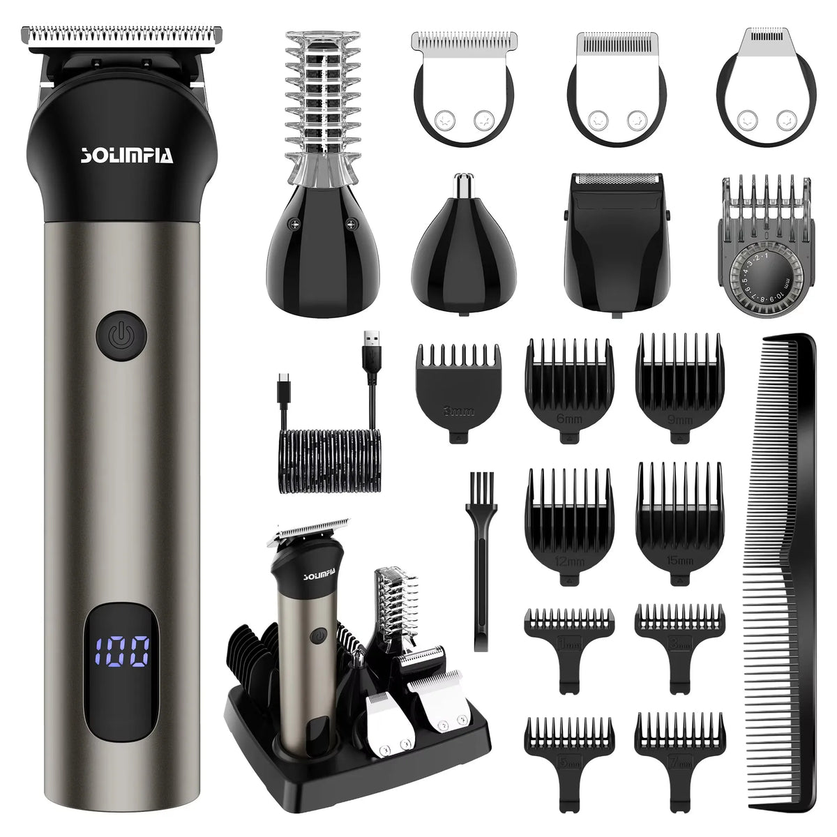 A collection of Solimpla electric grooming trimmers and attachments in various sizes and configurations.