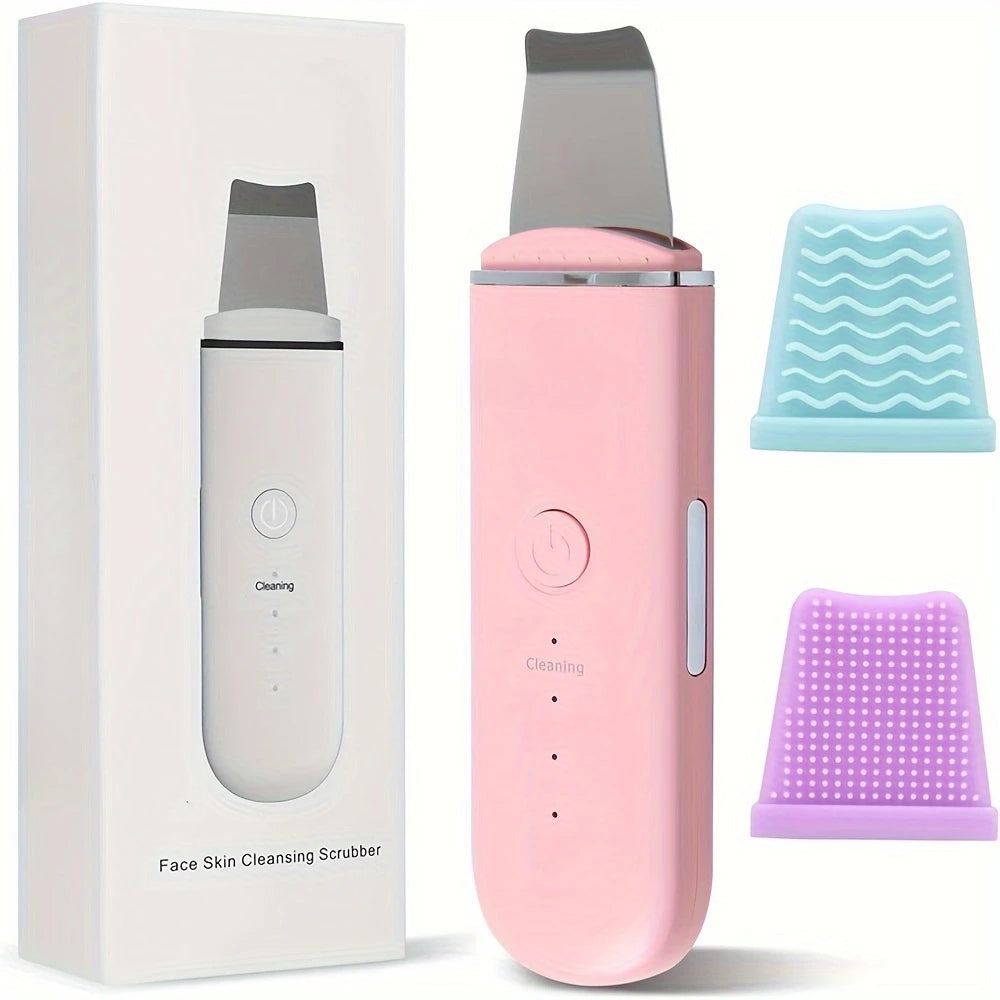 A pink face skin cleansing scrubber device shown with its components and packaging.
