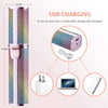 A pink electric beauty shaver with a cylindrical design showing its size and USB charging capability.