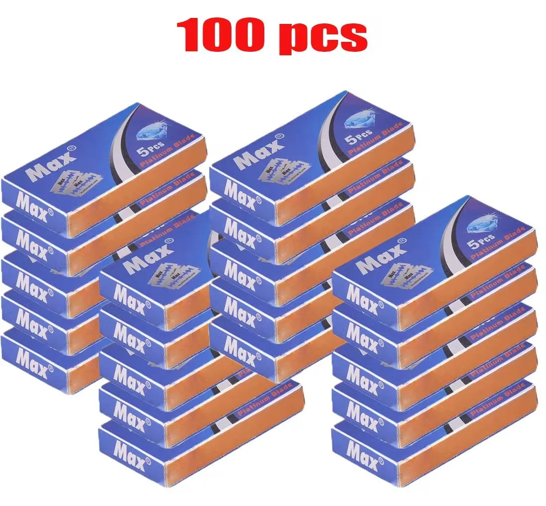 A set of 100 stainless steel double-sided razor blades packaged in blue and brown cardboard boxes.