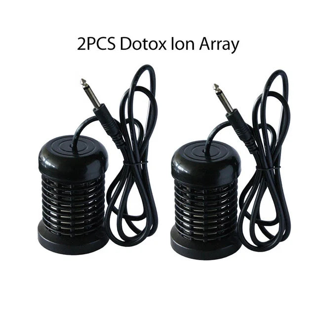 Two black detox ion arrays with wires shown for an ionic detox foot spa massager