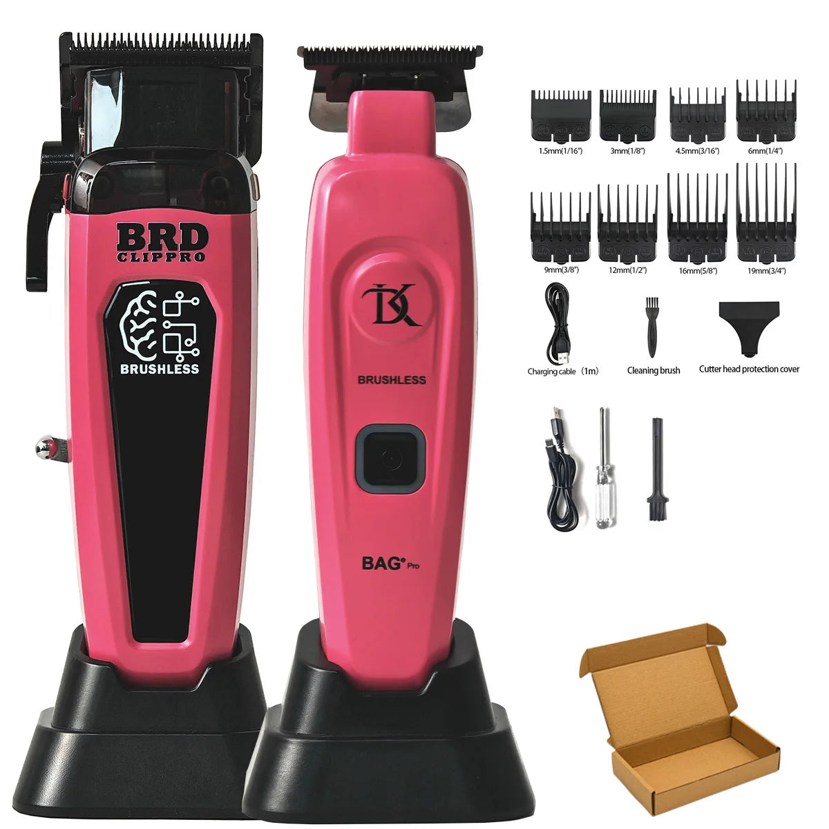 A pink brushless rotary hair trimmer kit with various attachments and a storage box.