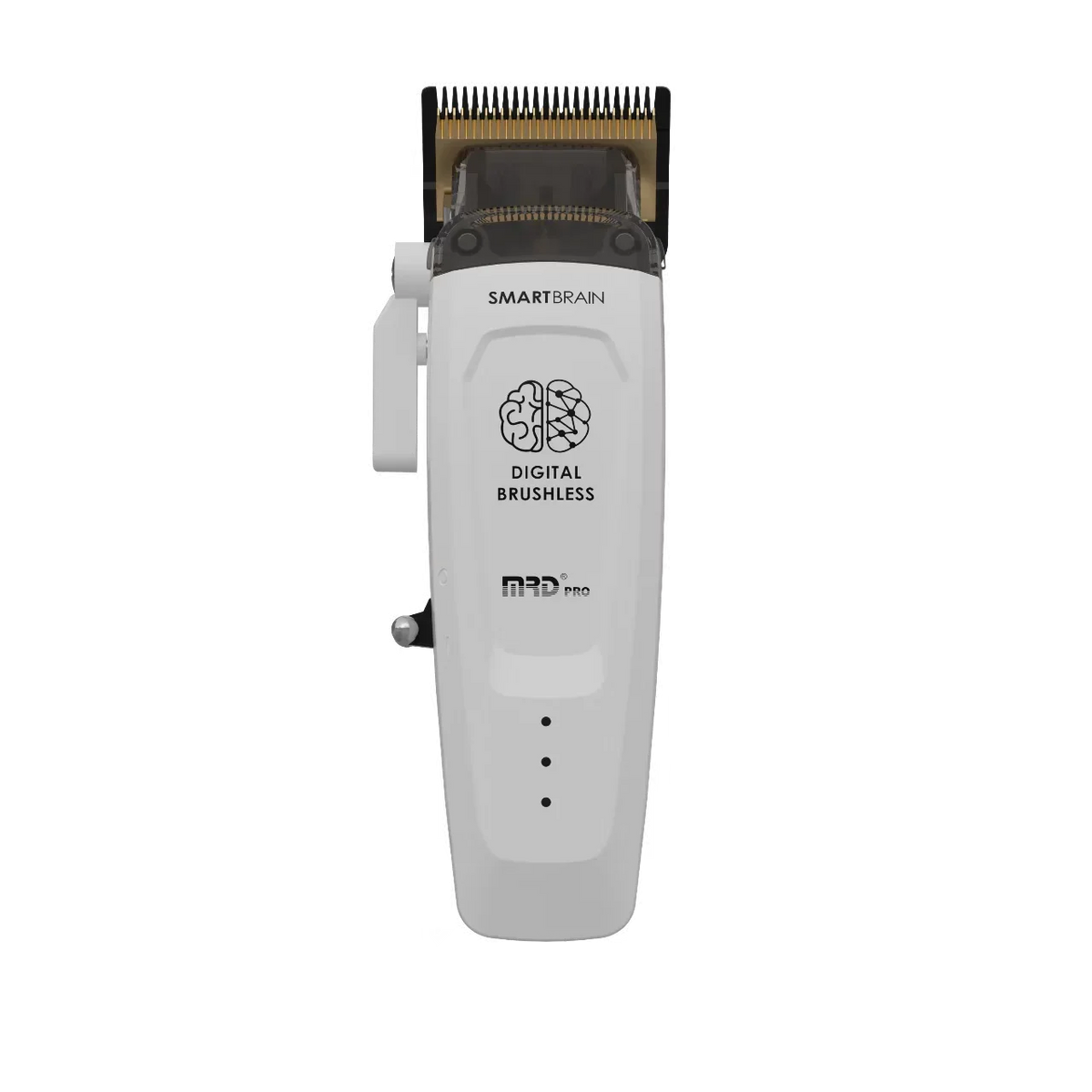 A white SmartBrain digital brushless electric hair clipper with a detachable head.