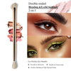 A double-ended blending and eyelid highlight makeup brush set shown next to close-ups of eye makeup application.