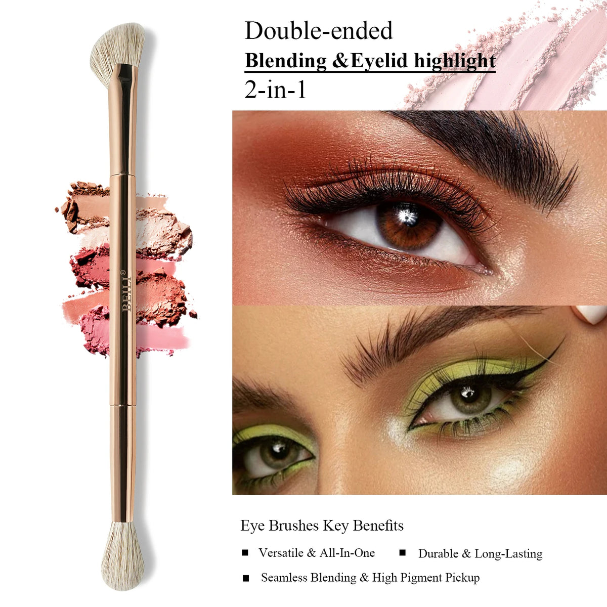 A double-ended blending and eyelid highlight makeup brush set shown next to close-ups of eye makeup application.