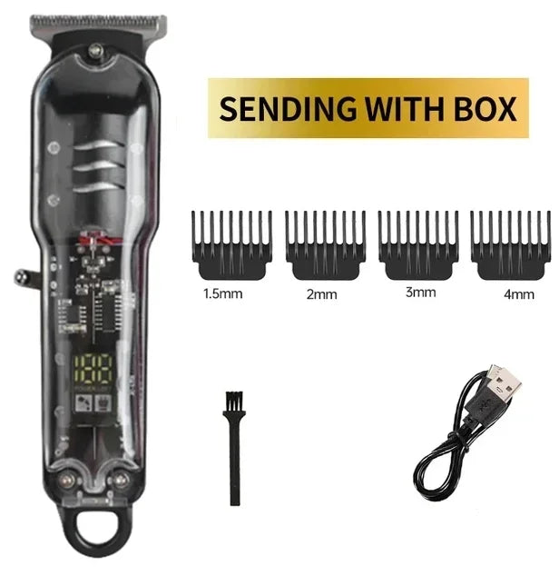 Professional cordless hair clipper trimmer with various attachments and a power cord