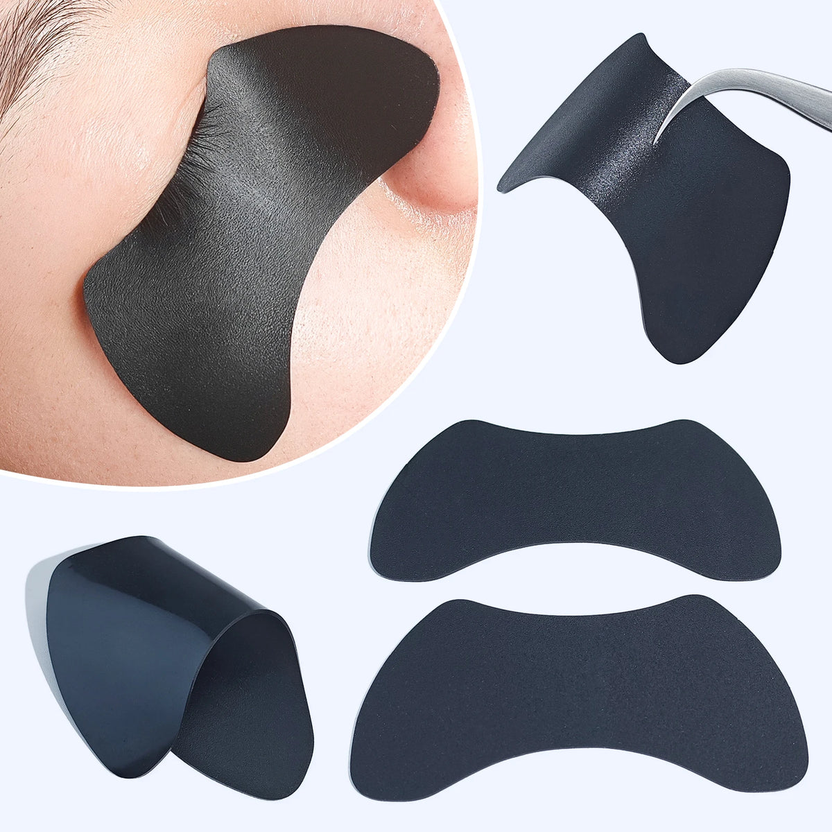 Reusable silicone lash lift shield eye pads shown in various shades of black and dark blue.