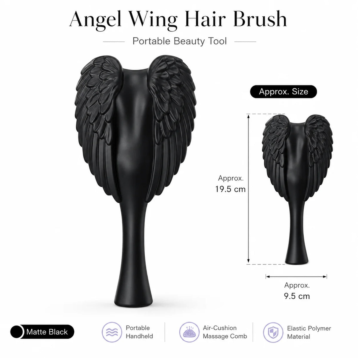 A black Angel Wing hair brush portable beauty tool with an elephant-like shape and elastic polymer material