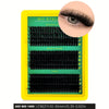 A yellow box displaying various levels of DIY eyelash extensions with black lash clusters.
