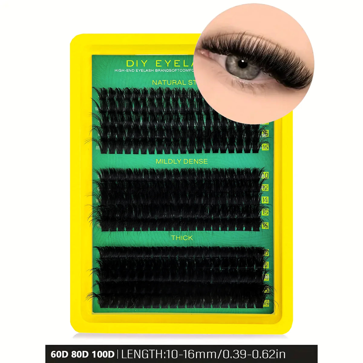 A yellow box displaying various levels of DIY eyelash extensions with black lash clusters.