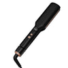 A black professional ceramic hair straightener with an adjustable temperature dial and a curved nozzle.