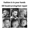 A collection of men with various haircuts and beard styles demonstrating the results of oil head carving and hair repair.