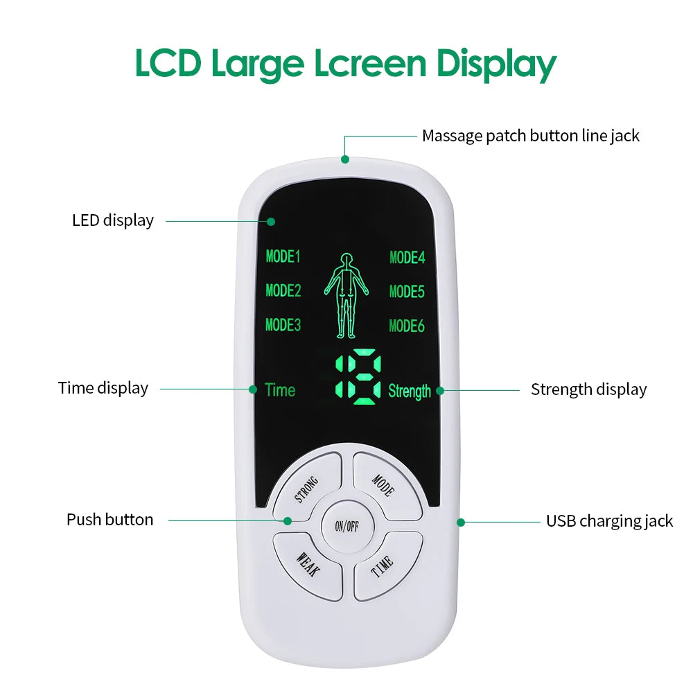 A white LCD large screen display of an electric meridian muscle massager showing various modes and controls.