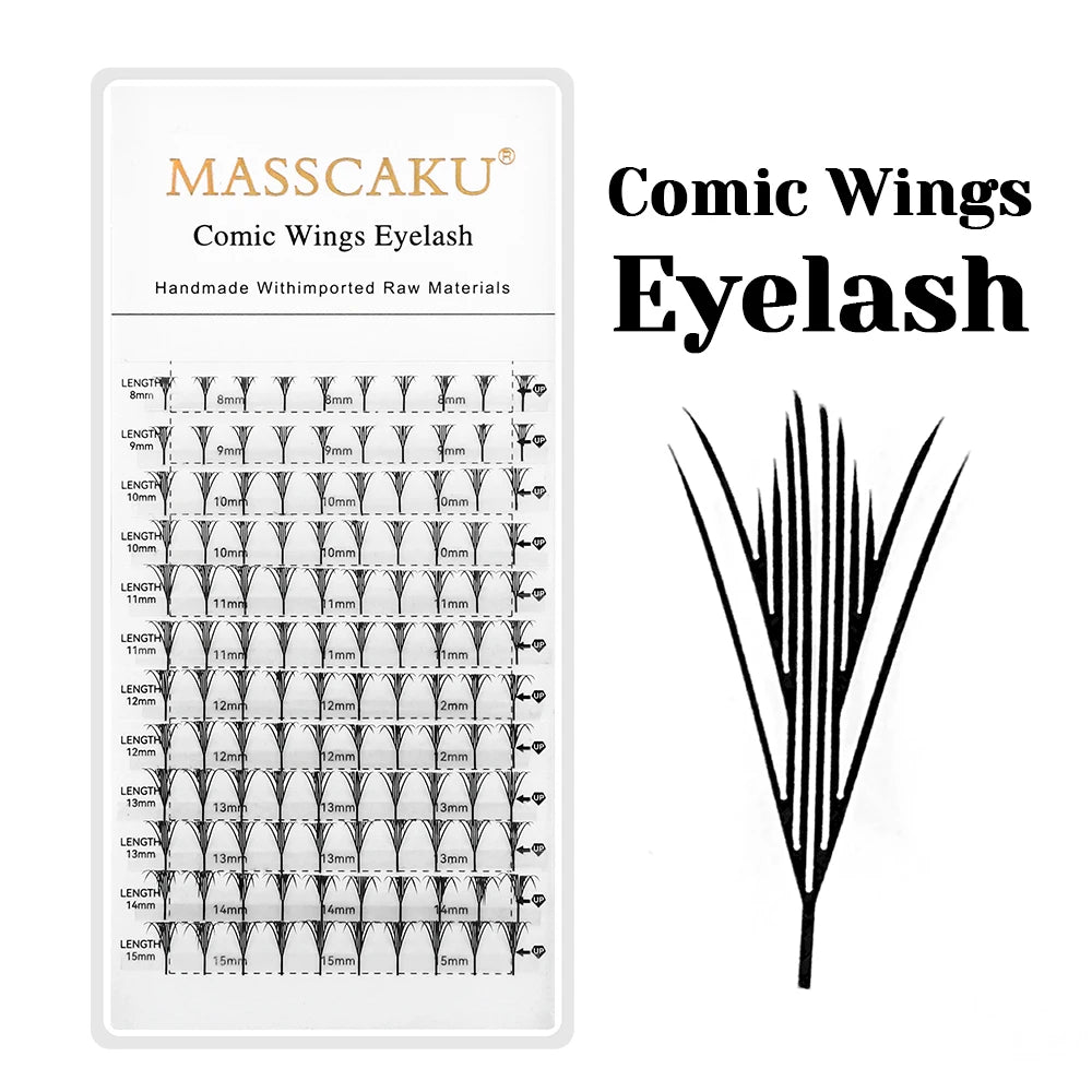 A package of MASSCAKU Comic Wings Eyelash hand-made lashes with various lengths displayed next to a feather-shape illustratio