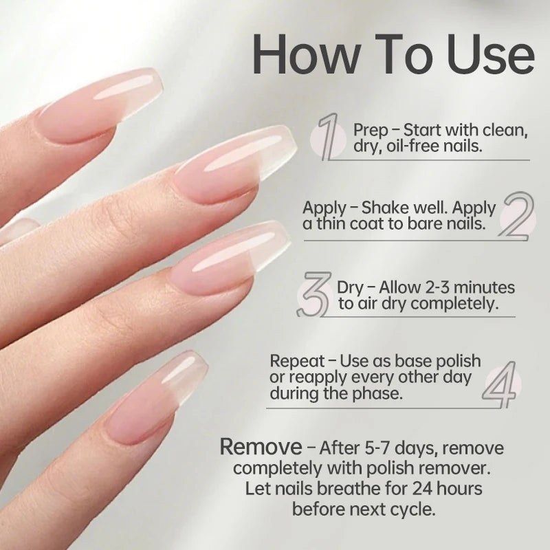 Instructions for using a milky white pink nail strengthener polish, showing prep, application, drying, and removal steps