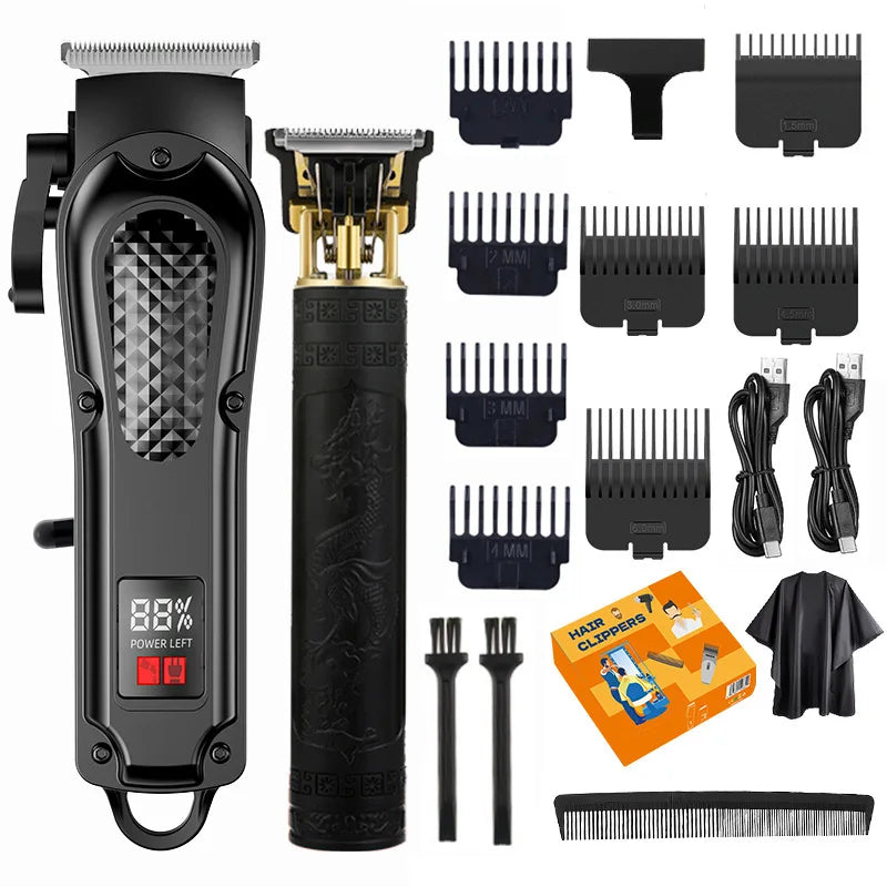 A set of professional cordless and wired hair clippers, including various guards and blades.