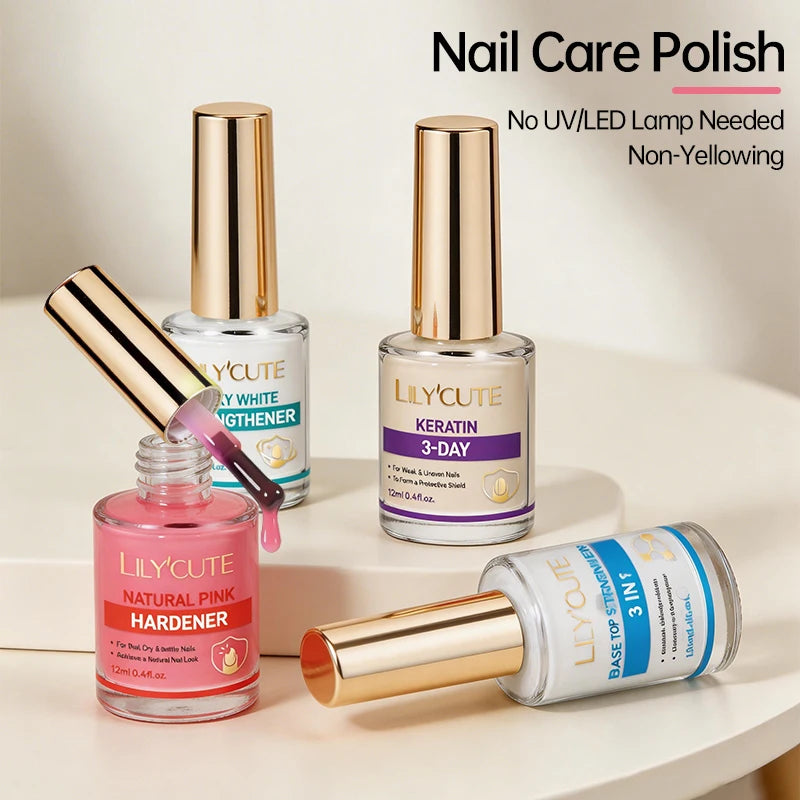 Collection de vernis pour ongles LilyCute, incluant des flacons de durcisseur rose naturel et de fortifiant en kératine.