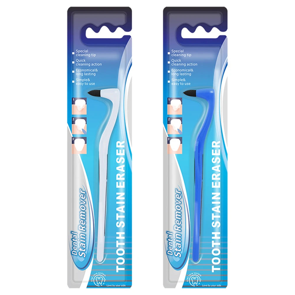 Manual tooth stain remover with an interdental brush in a purple and blue package.