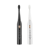 A pair of white and black acoustic electric toothbrushes with multi-mode cleaning settings displayed vertically.