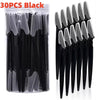 A pack of 30 black stainless steel eyebrow trimmer blades in a clear plastic container.