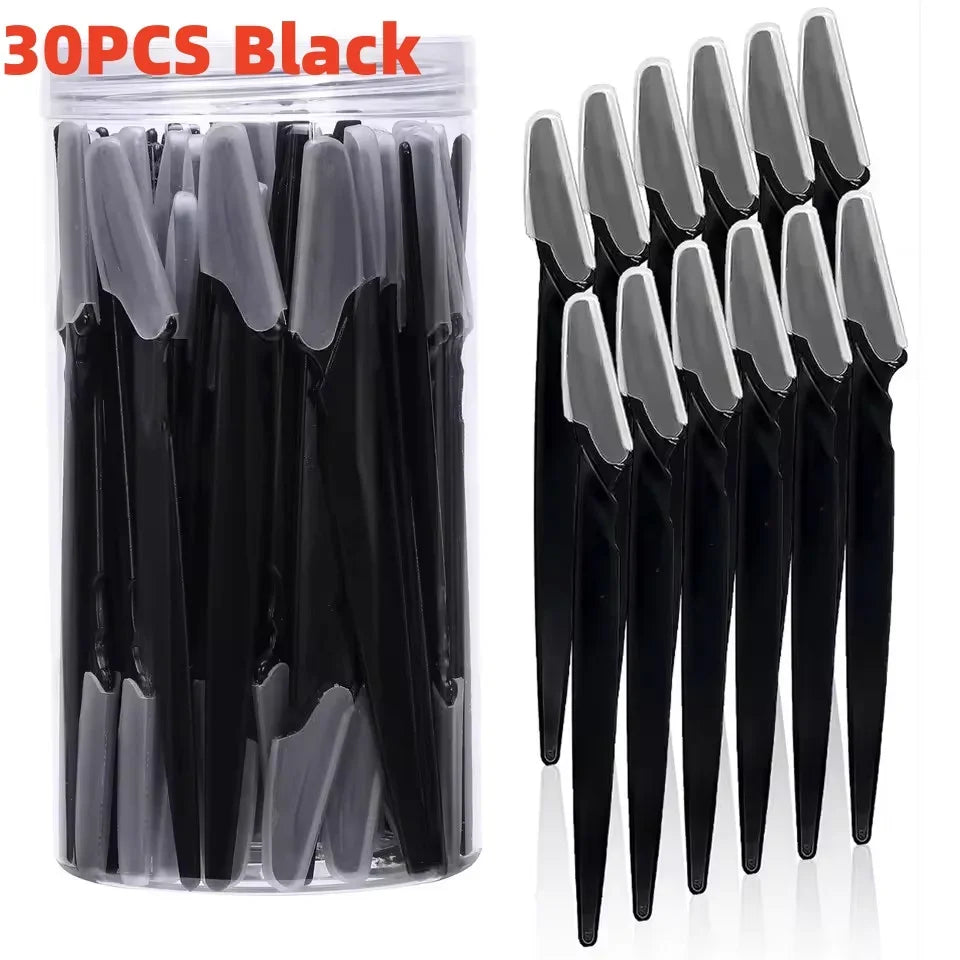 A pack of 30 black stainless steel eyebrow trimmer blades in a clear plastic container.