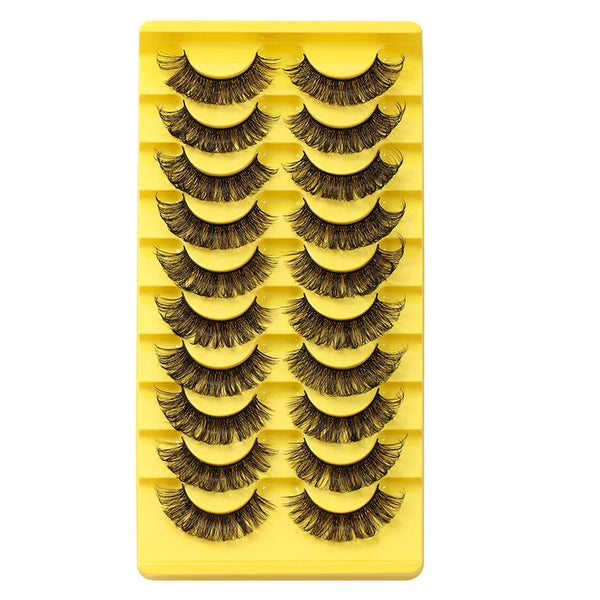 A yellow plastic tray holding multiple rows of black false eyelashes.