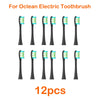 Twelve replacement brush heads for an Ocean electric toothbrush, shown in various colors and styles.