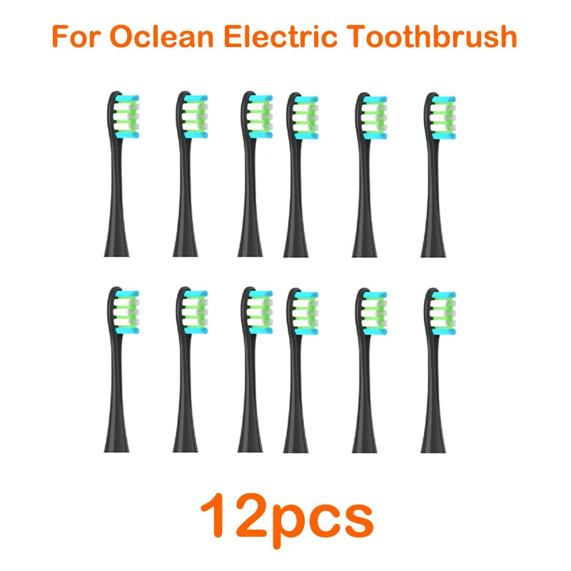 Twelve replacement brush heads for an Ocean electric toothbrush, shown in various colors and styles.