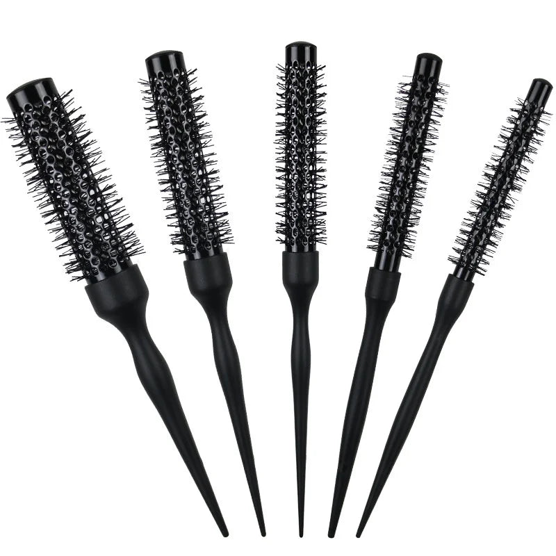 A set of five black professional curly round hair combs with elastic teeth