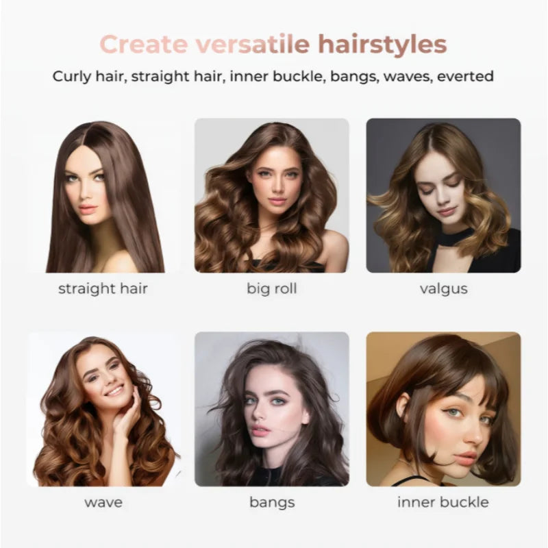 Una cuadrícula que muestra diversos peinados como cabello liso, moño grande, valgus, ondas, flequillo y hebilla interior.