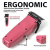 A pink professional rotary hair trimmer kit showing a long body, a separate charger, and a close-up of the dual charging port