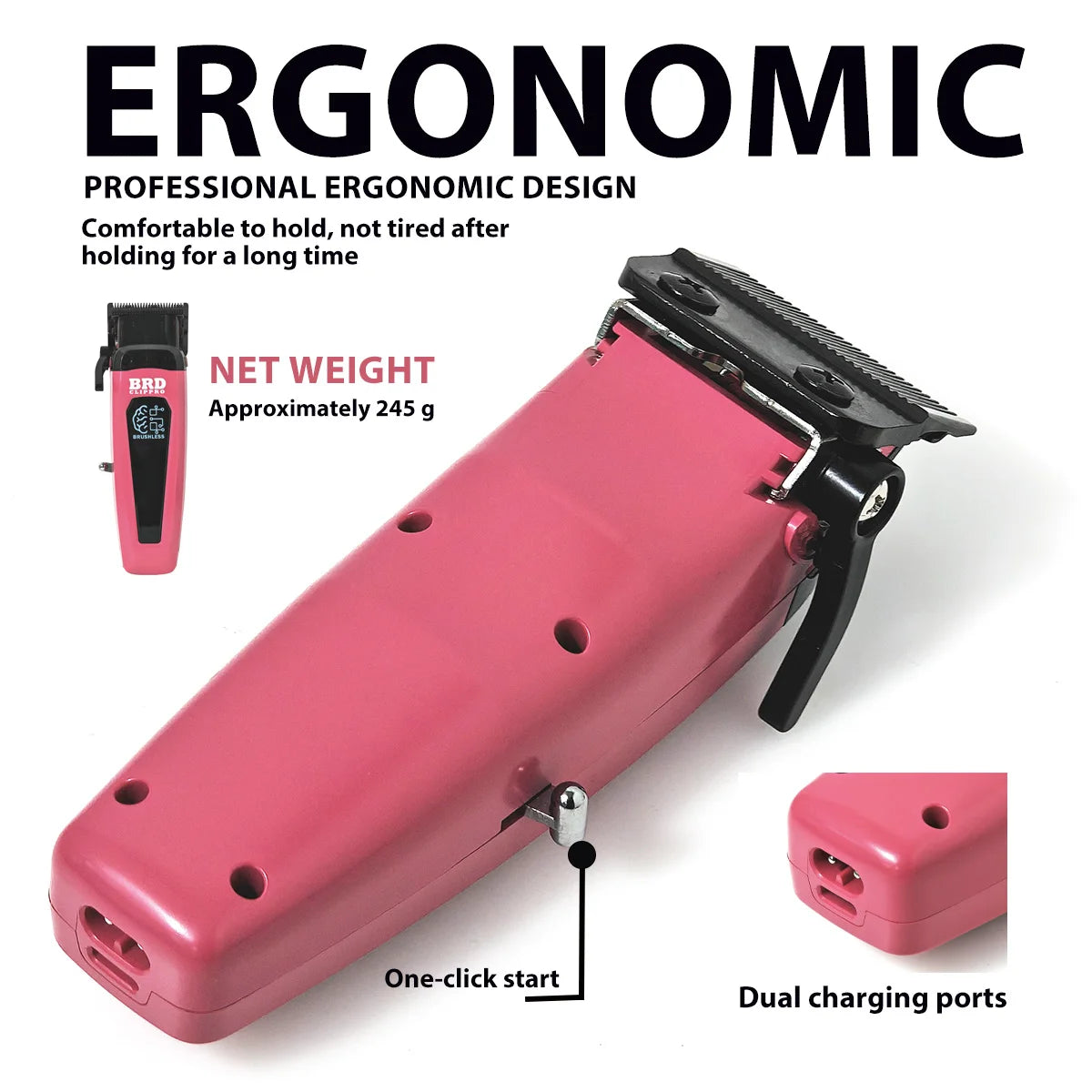 A pink professional rotary hair trimmer kit showing a long body, a separate charger, and a close-up of the dual charging port