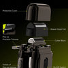 A compact foil shaver shown with various components including a protective cover, shaver foils, cutter block, switch, and cha