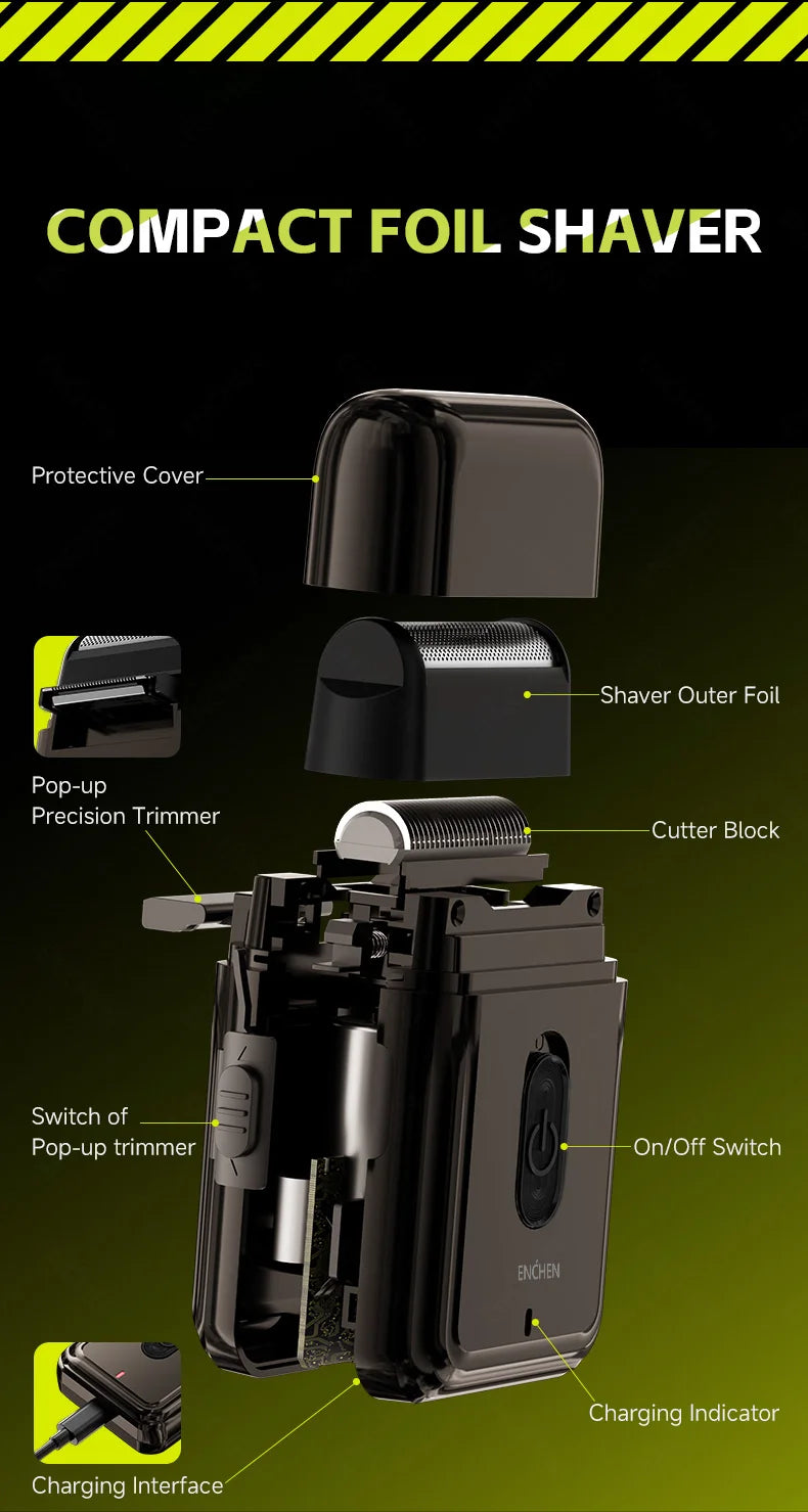 A compact foil shaver shown with various components including a protective cover, shaver foils, cutter block, switch, and cha