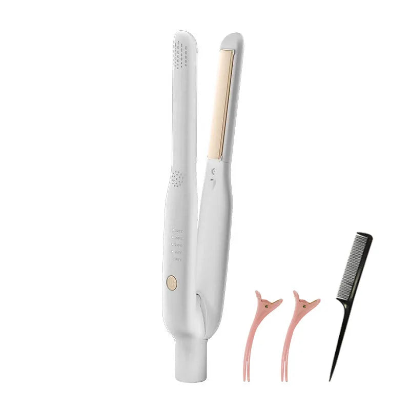 Plancha y rizador de cabello de cerámica blanca 2 en 1 con varilla dorada y cepillo negro.
