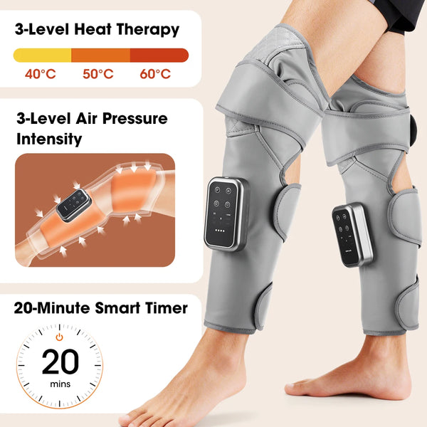 A person is using a gray heated calf and knee massager with air compression, demonstrating its three-level heat therapy featu