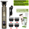 A professional electric hair trimmer with various guard attachments shown next to the main unit.
