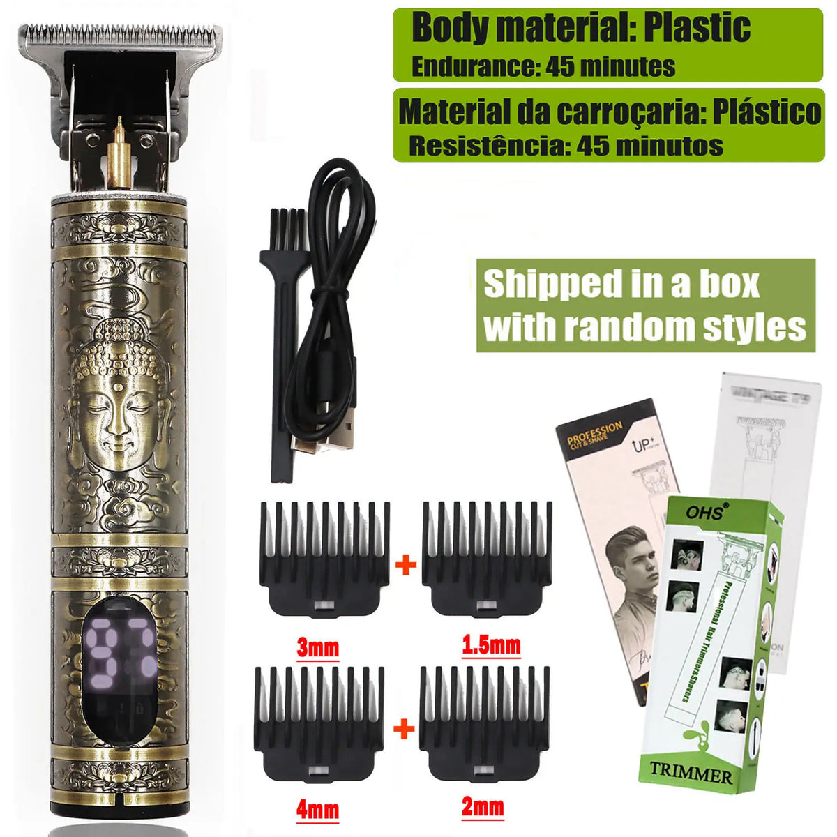 A professional electric hair trimmer with various guard attachments shown next to the main unit.